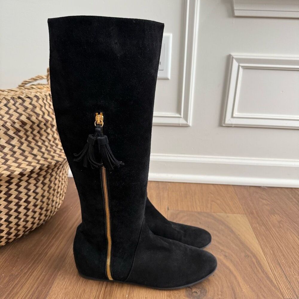 Stuart Weitzman Boot Tass Hidden Wedge Black Suede Gold Zipper Boot $695 6.5